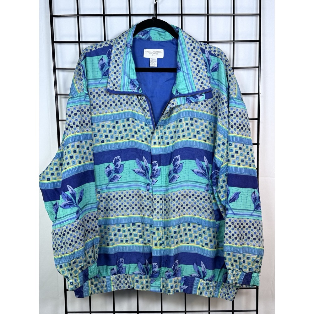 CASUAL CORNER VTG 100% SILK Floral Geometric Printed Bomber Jacket Womens 2X